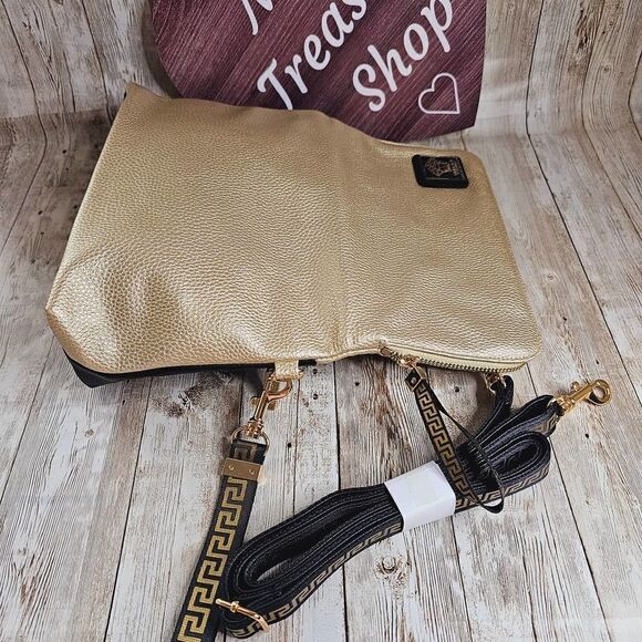 VERSACE Gold Black Faux Leather Clutch Crossbody Bag - Picture 5 of 9